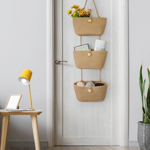 TeoKJ Over the Door Hanging Baskets with Wooden Button, 3-Tier Woven Cotton Storage Organizer Bag, Wall-Mounted with Hook Decorative Hanging Nursery Baskets, Jute - Image 6