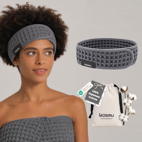 Luxury Organic Japanese Cotton Waffle Spa Headband for Women | Adjustable Towel Headband with Magic Tape | Makeup, Face Washing, Facial, Cosmetic & Skincare, Gift for Her Self-Care (Smoke Grey) by KOSMU