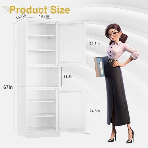 67" Tall Narrow Bathroom Storage Cabinet, Metal Pantry Cabinet, White - Image 3