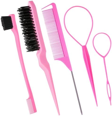 5Pcs Slick Back Brush Set with Topsy Tail Tool, Teasing Bristle, Rat Comb for Women & Girls Hair Styling, Flyaways Control and Edge Combing - Pink by Chayumda
