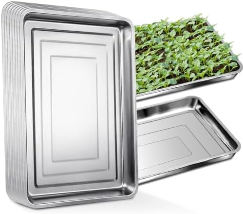 RooTrimmer 10 Pack Large Stainless Steel Seedling Trays, Heavy Duty Metal Water Catch Trays for Nursery Pots Transplant, Seed Germination & Propagation Flats (17.5 inch×13.56 inch, 1.18" Height) - Image 6