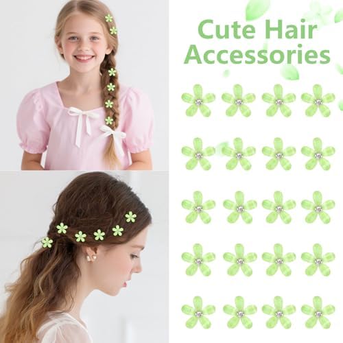 YISSION Bright Green Mini Flower Hair Clips for Women & Girls, 20Pcs Glitter Floral Hair Barrettes with Crystal, Vibrant Hair Accessories for Wedding Prom Party Daily Hairstyling - Image 3