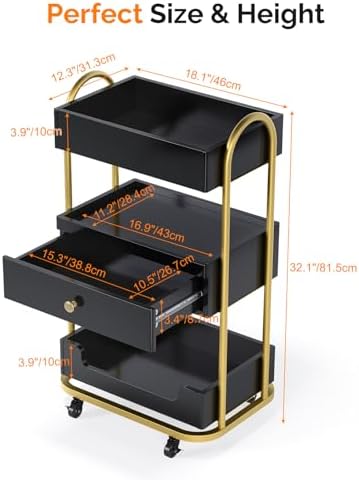 OmySalon Salon Trolley Cart, Hair Styling Station with 3 Trays & 1 Drawer, 2 Lockable Wheels, Esthetician Cart Mobile Storage Cabinet for Beauty Spa Barbershop, Black - Image 4