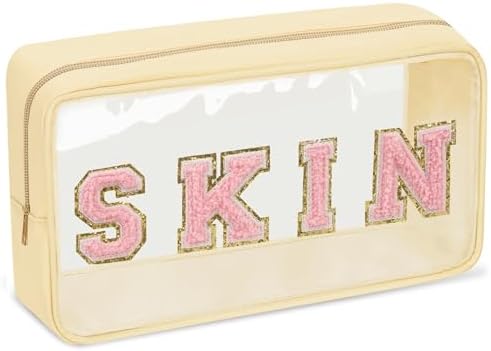 Iqimott Clear Patch Makeup Bag Skin Pouch, Preppy Personalized Chenille Letter Cosmetic Pouch for Travel, Nylon Waterproof Organizer Skin Care Zipper Toiletry Bags for Women Girls(Beige) by Iqimott