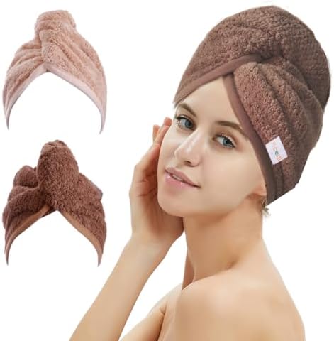 M-bestl 2 Pack Hair Drying Towels, Hair Wrap Towels, Absorbent Microfiber Hair Towel Turban with Button Design to Dry Hair Quickly(Coffee& Pink) by awesomeOralcareproduct