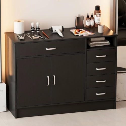 Paddie 5-Drawers Salon Station Free Standing Cabinet, Salon Furniture Hair Styling Stations w/4 Side Drawers, 1 Middle Drawer, 1 Cabinet & Open Shelf, Barber Table Hair Salon Furniture by Paddie
