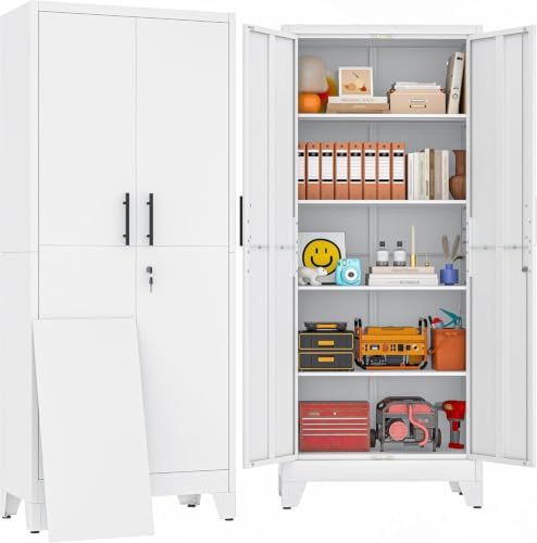 71" White Metal Storage Cabinet with 2 Doors and 4 Adjustable Shelves,Steel Garage Tool Cabinet, File Cabinet,Kitchen Pantry Cabinet for Home,Office,Garage,School,Warehouse by BAOLIWO