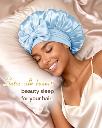 BONNET QUEEN Double Layer Silk Bonnet for Sleeping for Women Satin Lined Bonnet Night Cap for Curly Hair with Tie Band,Light Blue - Image 2
