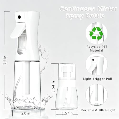 3 Pack Spray Bottles, 2-Pack Continuous Spray Bottles,Fine Water Mist Spray Bottles for Hair 6.8 OZ (200 ML) and 1oz 30ml Travel Spray Bottle Mister for Cleaning,Hairstyling,Plants,Barbers,White Black - Image 2