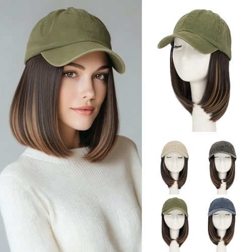Rich Choices Hat Wigs for Women,Olive Green Baseball Cap with Hair Extensions for Women,Short Bob Hairstyle Caps with Hair Attached Adjustable Baseball Cap Wig 6 Inch Highlighted Dark Brown Hair by RichChoices