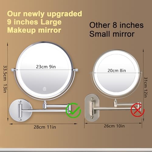 9 Inch Large Rechargeable Lighted Makeup Vanity Mirror Wall Mounted, 1X/10X Magnifying Mirror with Light for Bathroom 3000mAh USB Charging, Chrome Wall Mounted Mirror Swing Arm with 3 Light for Makeup - Image 5
