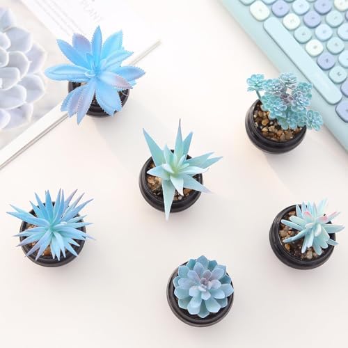 GREENTIME 6Pcs Blue Artificial Succulents in Plastic Pots Fake Plants - Image 3