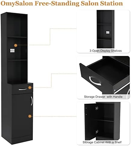 OmySalon Salon Hair Styling Station, Barber Storage Cabinet, Salon Equipement with 5 Compartments, 1 Drawer, 1 Door (Black) - Image 6
