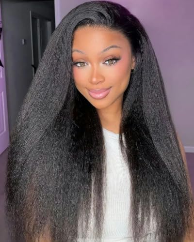 BEEOS Kinky Straight 13x6 Full Frontal SKINLIKE Real HD Lace Wig, 250% Density Human Hair Wig Pre-Plucked Bleached Knots Ultra-fitted Cap Design 24 Inch by BEEOS