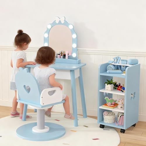 Wooden Kids Vanity Table and Chair Set with Light and Mirror, Princess Makeup Vanity Desk with Barber Chair and Rolling Cart, Pretend Hair Salon Play Set, Toddler Vanity Set for Girls, Blue - Image 7