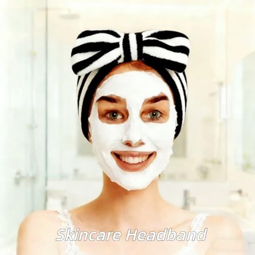 7 Pcs Spa Set, Facial Headband and Wristband Set, Skincare Accessories, College Style Girl Gift, Hair Accessories for Women and Girls（Black White Stripe ） - Image 3