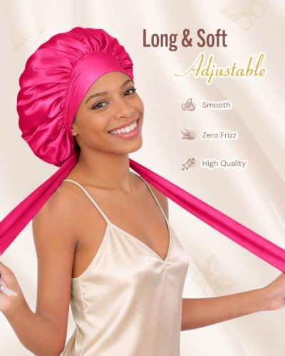 BONNET QUEEN Satin Bonnet Silk Bonnet for Sleeping Hair Bonnet Tie Bonnet for Women with Stretch Band Natural Hair Hot Pink - Image 3