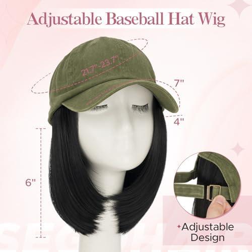 SEGO Unisex Vintage Baseball Cap with Hair Extensions for Women Synthetic Hair Attached Short Straight Hairpiece Olive Green Baseball Cap Wig Adjustable Hat Wigs for Women 6 Inch 1A Black - Image 3