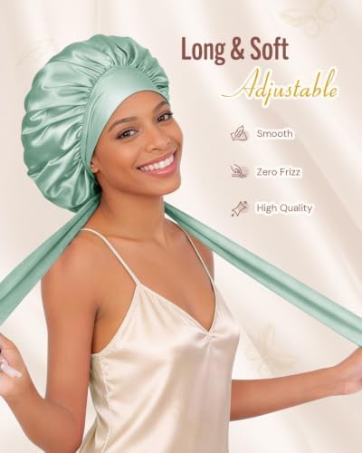 BONNET QUEEN Double Layer Silk Bonnet for Sleeping for Women Satin Bonnet Night Cap for Curly Hair with Tie Band, Sage Green - Image 3