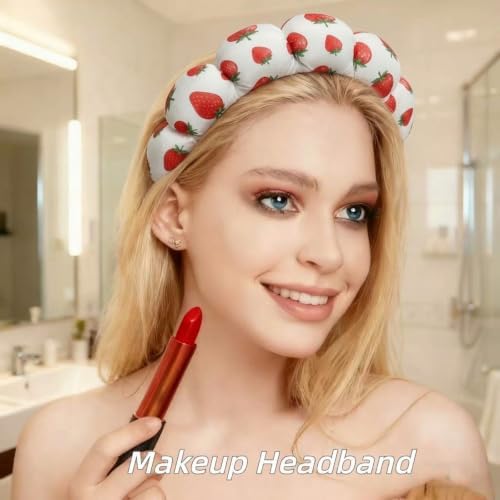 7 Pcs Spa Set, Facial Headband and Wristband Set, Skincare Accessories, College Style Girl Gift, Hair Accessories for Women and Girls（Pink Strawberry） - Image 3