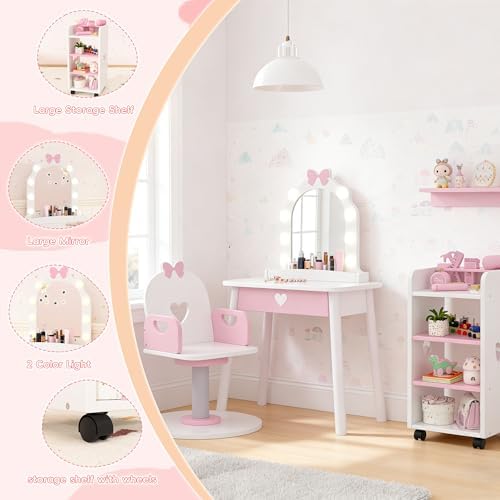 Wooden Kids Vanity Table and Chair Set with Light and Mirror, Princess Makeup Vanity Desk with Barber Chair and Rolling Cart, Pretend Hair Salon Play Set, Toddler Vanity Set for Girls, White - Image 5