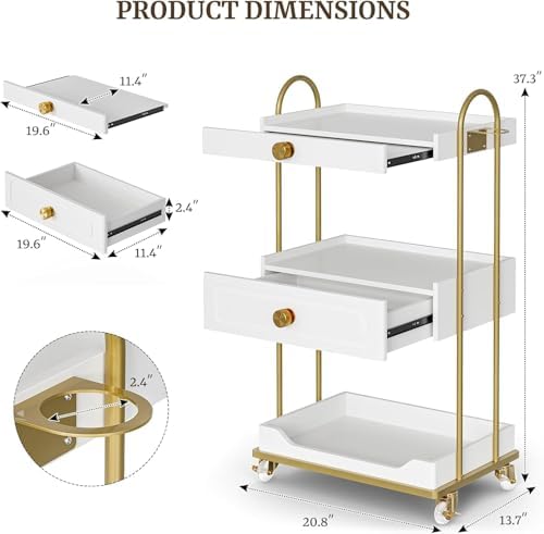 Barber Salon Trolley Cart w/Lockable Wheels, 3-Tier Rolling Beauty Cart with 2 Drawers & Dryer Holder, Mobile Beauty Trolley for Beauty Spa Barbershop(White-New) - Image 3
