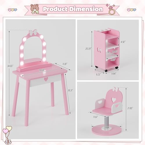 Toddler Vanity for 3 Year Old with 7 pcs Pretend Makeup Accessories, Pink - Image 4
