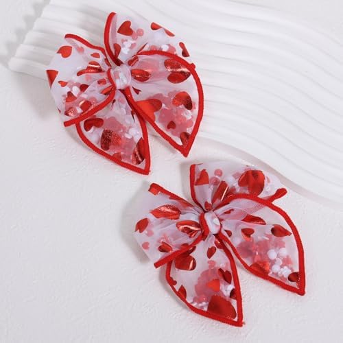 Glitter Valentines Shaker Bows Alligator Clips for Girls Women, 2Pcs 4" Red Heart Mesh Tulle Ribbon Fable Bow Hair Barrettes Gift for Kids Birthday Wedding Party Dress Decor Accessory - Image 2