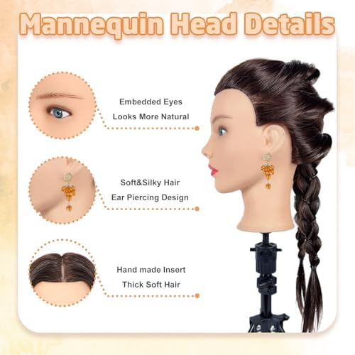 Mannequin Head Human Hair- Cosmetology Manikin Doll Head with 80% Real Hair for Kids Hairdresser Practice Styling Braiding & Free Clamp Holder (Black Brown) - Image 3