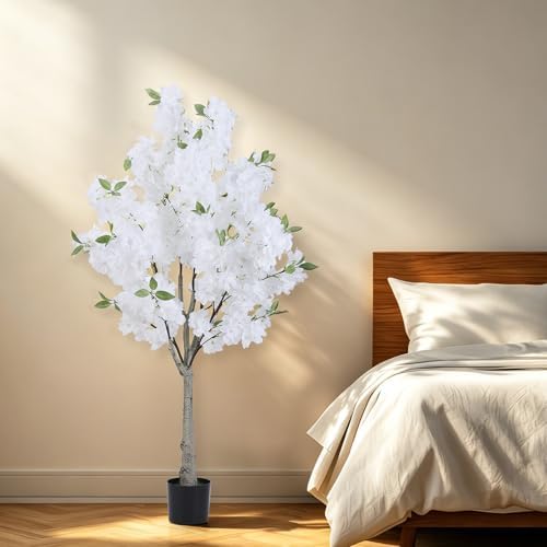 Artificial Cherry Blossom Tree Fake Plants Faux White Sakura Flowers, 4FT - Image 4