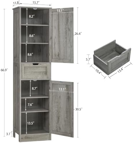 Iwell 66.9" Tall Bathroom Storage Cabinet with 2 Doors & 1 Drawer - Image 3
