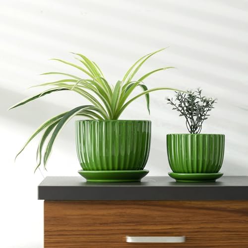 Green Plant Pots,Ceramic Planters with Drainage Holes & Saucers Set of 3 - Image 5