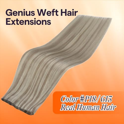 Full Shine 18 Inch Sew In Hair Extensions Real Human Hair Genius Weft Hair Extensions Color Ash Blonde Highlight Bleach Blonde Hair Weft Hand Tied Double Weft Extensions 50G - Image 2