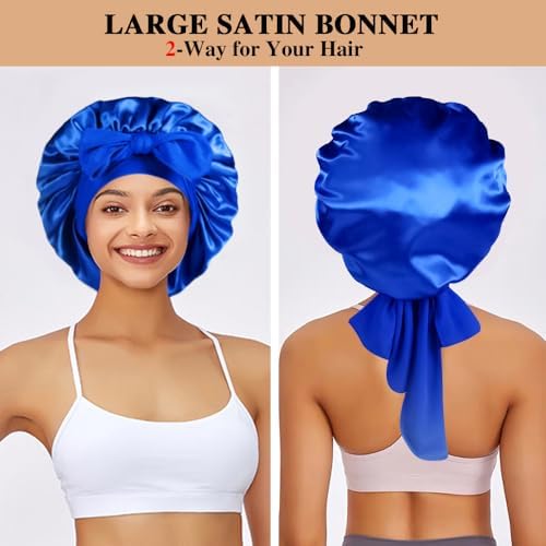 2+3 Large Satin Bonnets with Scrunchies for Women, Hair Bonnet Sleeping Tie Bonnet for Braids Curly Hair - Image 4