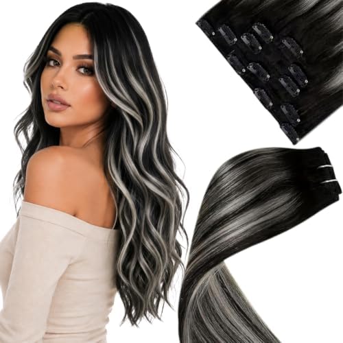 LaaVoo Clip in Hair Extensions Ombre Black to Silver, 5pcs 80g by LaaVoo