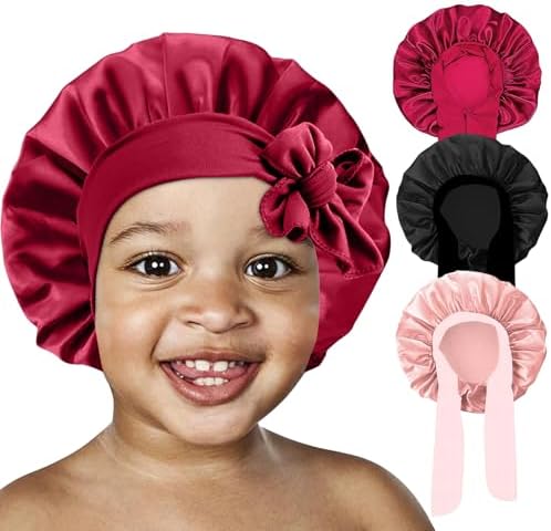 3 Pcs Kids Silk Bonnet for Sleeping-Baby Kids Satin Hair Bonnet for Curly Hair Girls Boys with Wide Elastic Band,Sleeping Cap for Teens Toddler (Wine Red+Black+Blush Pink) by FIRSTPELLA