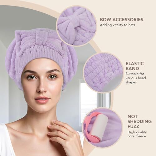 SUNLAND Large Microfiber Hair Drying Caps with Bow Knot 2 Pack Lightpurple - Image 3