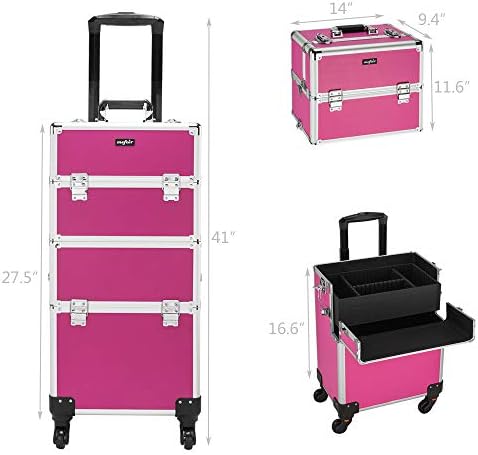 mefeir 3 in 1 Rolling Makeup Train Case, Aluminum Makeup Travel Organizer Cosmetic Case, Cosmetology Display Suitcase on Wheels, Beauty Storage Luggage Lockable w/4 Removable Wheels (Rose-Pink) - Image 3