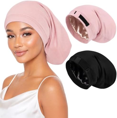 Selalu Large Satin Lined Hair Bonnet, Adjustable Long Bonnets for Women Men by Selalu