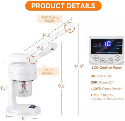 Nano Ionic Facial Steamer, Portable Face Steamer with LCD Screen, Extendable 360° Rotating Arm, Rotatable Nozzle, Hot Mist Function for Personal Care at Home or Salon - Image 2