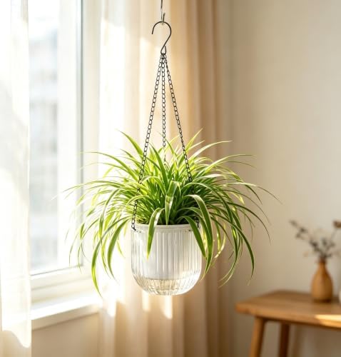 Melphoe 2 Pack Self Watering Hanging Planters Indoor Flower Pots, 5.3 Inch Outdoor Hanging Basket, Plant Hanger with 3Hooks Drainage Holes for Garden Home (White) - Image 3