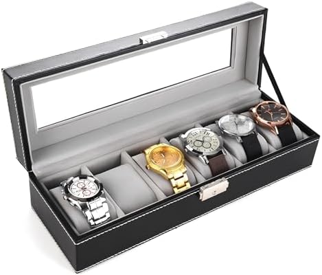 Watch Box for Men,Organizer 6 Slot Watch Display Case,Men Jewelry Box Storage Case,Lined with Soft Velvet and Holder Organizer for Women -6 Slot, Black by FWTBOOM