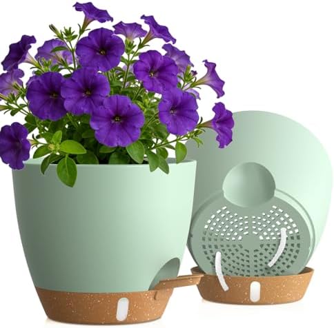 Self Watering Pots with Drainage Holes, 2 Pack 10 Inch Plant Pots with Water Level Indicator Deep Reservoir, Large Plastic Planter for Indoor Outdoor Plants - Green by KUGAZ