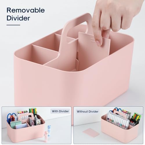 Multiuse Caddy Organizer with Handle, Portable Divided Plastic Tote Bin - Art Craft, Stationary Pen Marker Crayons, Makeup Hair Supplies Storage - Bathroom, Classroom, Dorm, Office, Desk Holder - Pink - Image 6