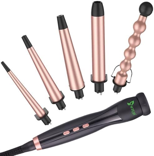 USTAR 5 in 1 Curling Wand for Long Hair, Interchangeable Ceramic Barrels 0.35-1.25 Inch, Dual Voltage Travel Curling Iron with Heat Resistant Glove 2 Clips, Hair Curler for Women Girls Gift by UstarBeauty