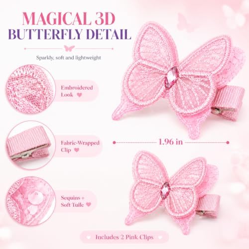 2 Pcs Butterfly Hair Clips for Girls, Fully Lined, Pink - Image 2