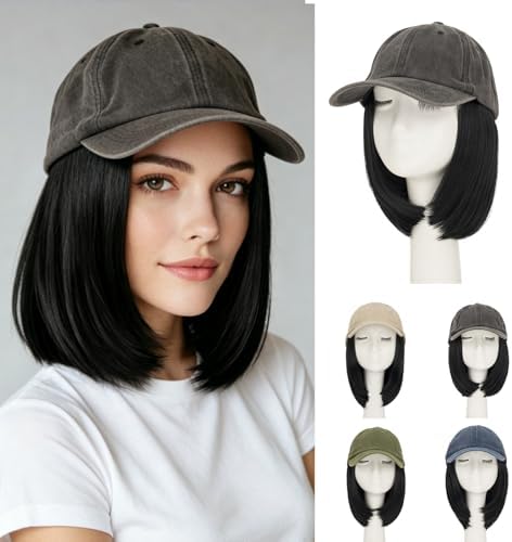 Rich Choices Hat Wigs for Women,Dark Gray Baseball Cap with Hair Extensions for Women,Short Bob Hairstyle Caps with Straight Synthetic Hair Attached Adjustable Baseball Cap Wig 6 Inch Black Hair by RichChoices