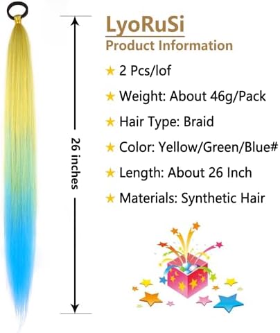 Ponytail Extension with Hair Tie 26'' Yellow Blue Gradient Braid Ponytail - Image 2