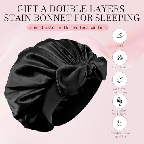 Heatless Hair Curler and Double Layer Satin Bonnet Set for Overnight Curls - No Heat Curling Rod with silk Bonnet, Sleep-In Safe for Long/Medium Hair, Frizz-Free Waves & Volume(Black) - Image 2