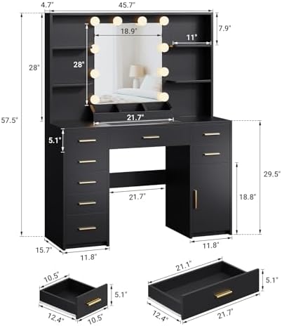 ELYKEN Makeup Vanity Desk with Mirror and Lights, Glass Top, Black - Image 3